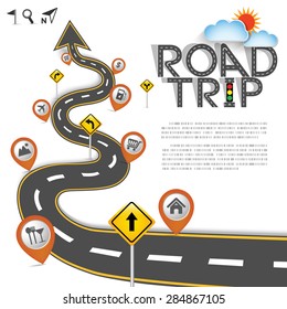 Design Road & Street Template Background with Words "Road Trip" and Map Pointer Icon Set, Vector EPS10.