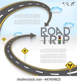 Design Road & Street Template Background with Words "Road Trip" and Map Pointer Icon Set, Vector EPS10.