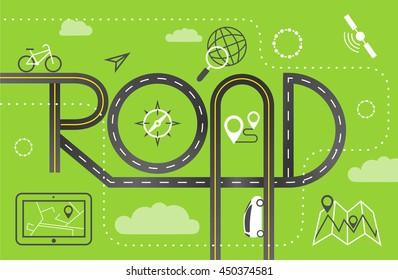 Design Road & Street Template Background with Words "Road" and Map Pointer Icon Set, Vector EPS10.