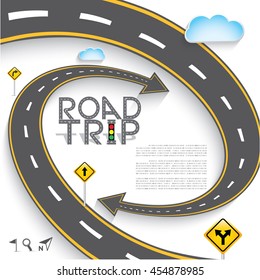 Design Road & Street Template Background with Words "Road Trip" and Map Pointer Icon Set, Vector EPS10.