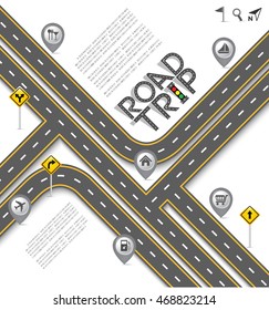 Design Road & Street Template Background with Words "Road Trip" and Map Pointer Icon Set, Vector EPS10.