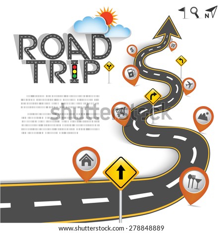 Design Road & Street Template Background with Words "Road Trip" and Map Pointer Icon Set, Vector EPS10.