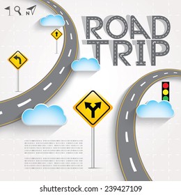 Design Road & Street Template with Words Road Trip and Clouds, Vector EPS10.