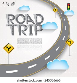 Design Road & Street Template with Words Road Trip and Clouds, Vector EPS10.