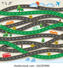 Design road & street with transportation icon set, Vector template background, Illustration EPS 10.
