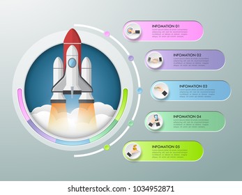 Design rocket launch infographic template 5 options. Business concept can be used for workflow layout, diagram, number options, timeline, steps, demo infographic