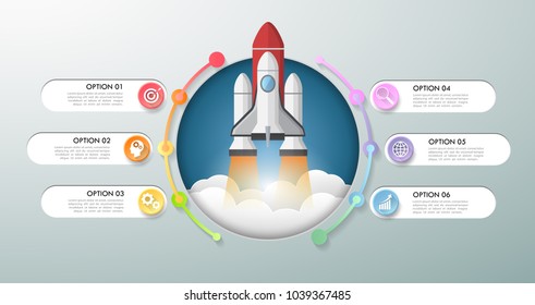 Diseño de lanzamiento de cohete infografía Plantilla 6 opciones. El concepto de negocio se puede utilizar para el diseño del flujo de trabajo, diagrama, opciones de número, línea de tiempo, pasos, infografía de demostración