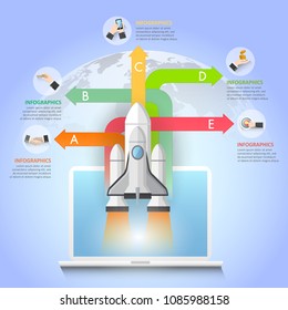 Design rocket launch infographic template 5 options. Business concept can be used for workflow layout, diagram, number options, timeline, steps, demo infographic