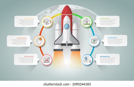 Design rocket launch infographic template 6 options. Business concept can be used for workflow layout, diagram, number options, timeline, steps, demo infographic
