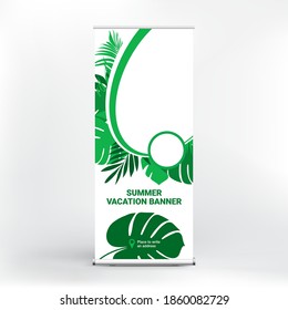 Design of a roll-up banner on the theme of summer holidays, beautiful tropical leaves in the form of a frame with a photo and text placement, creative advertising of a tour Agency