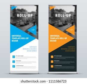 design of roll-up banners with blue and orange triangles and a place for photos. White and black vector template of standard size for business and advertising.