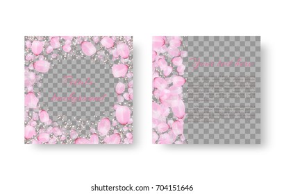 Design of a romantic greeting card with cherry pink petals on a checkered backdrop.