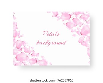 Design of a romantic greeting card with petals of a blossoming Japanese cherry on a white background