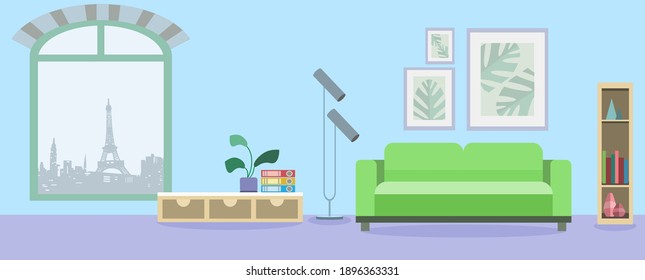 Design a room with a bed, a lamp, houseplants, paintings and a beautiful view from the window. Vector illustration