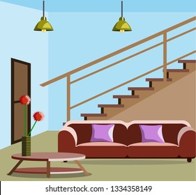 Design of the room with a bed and a large staircase. Stylish and modern interior design. Vector illustration.