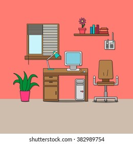 Design of room - cabinet with chair, desk with computer and lamp, shelf with books, phone, flower and window with jalousie. Vector illustration for interior.