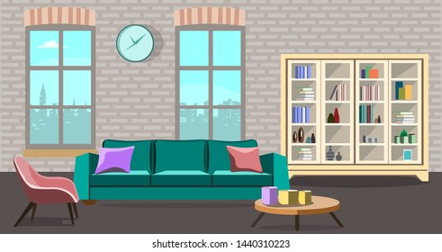 Design of the room with a cabinet, a sofa and two window. Flat style vector illustration