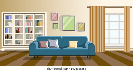 Design of the room with a closet, a sofa and a window. Flat style vector illustration