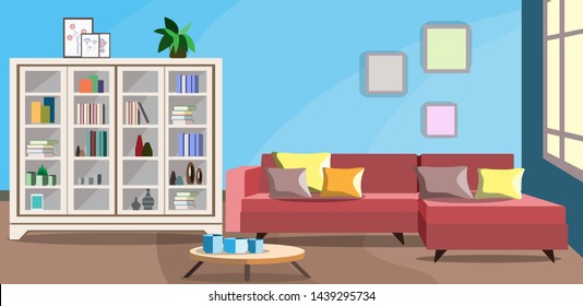 Design of the room with a closet, a sofa and a window. Flat style vector illustration