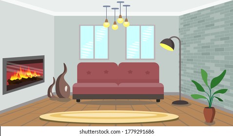 La habitación está decorada con una chimenea, un sofá y una ventana. Ilustración vectorial de estilo plano