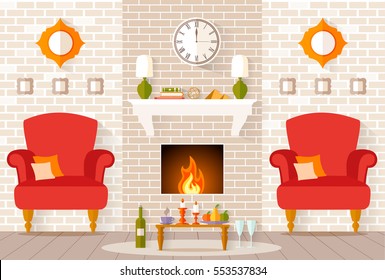 The design of the room with fireplace. Vector interior with served table. Living ready for the festive romantic dinner.