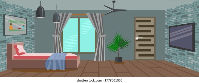 Design of the room with a plants, a sofa and a windows. Flat style vector illustration