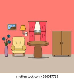 Design of room - sitting room with chair, table, wardrobe, window with curtains, lamp, picture and flower. Vector illustration for interior.
