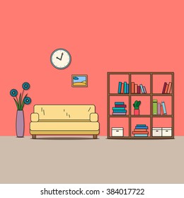 Design of room - sitting room with sofa, bookcase, clock, flowers and picture. Vector illustration for interior.