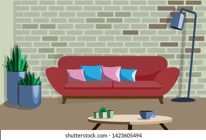 Design of the room with sofa, lamp, table and indoor plants. Interior Loft Style. Vector illustration