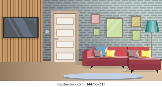 Design of the room with a TV and a bed. Flat style vector illusation. 