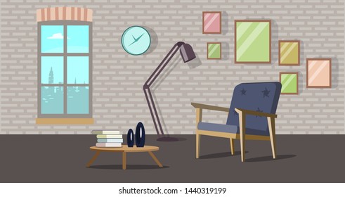 Design of the room with a window, armchair, table, clock, lamp and paintings. The interior of the spacious cozy room.