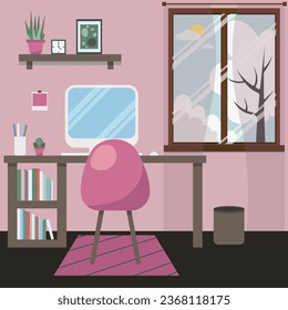 Gestaltung eines Zimmers mit Arbeitsplatz. Cute Interieur-Design in Rosa, Barbie-Stil.
