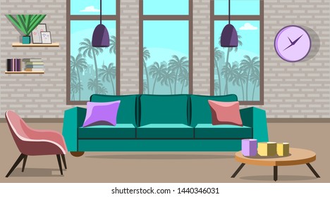 Design of rooms with panoramic windows, a bed and a chair. Bedroom or room in the resort.