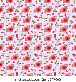 Projetar flores de rosa e coração para decorar padrões, materiais, objetos, superfícies, têxteis, etc.