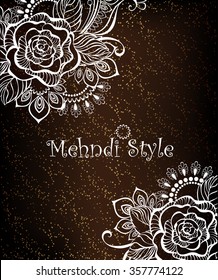 Design with rose, henna painted white on dark brown background