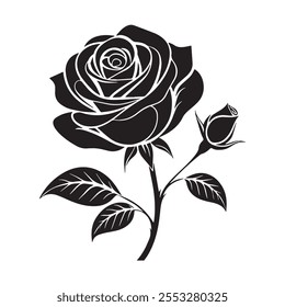 Design a rose silhouette vector icon with clean lines on a plain white background
