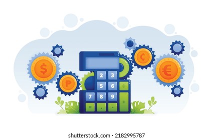Design of rotating gears move parts of calculator metaphor of financial and accounting mechanisms in company reports. Illustration can be for landing page website web poster banner mobile apps flyer