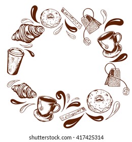 design round frame of tea bags, coffee cups, cups, croissants and donuts, splashing in retro style