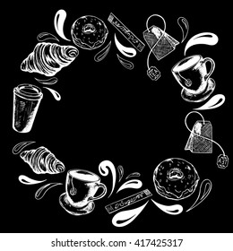 design round frame of tea bags, coffee cups, cups, croissants and donuts, splashing in retro style