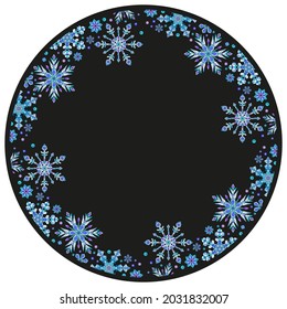 Design for a round product on the theme of new year and Christmas, stained-glass snowflakes on a black background
