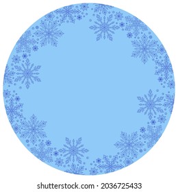Design für ein rundes Produkt zum Thema Neujahr und Weihnachten, Kontur-Schneeflocken auf blauem Hintergrund