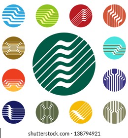 Design round vector logo template.Global world icon set. Colorful pattern. You can use in the construction, factories, communications, electronics, agriculture, or creative design concepts