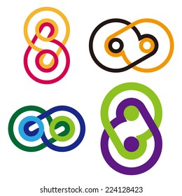 Design round wheel element. Abstract wave vector logo template set. Knots icon. "b", "d", "p", "q","6","8","9", letters icon set.