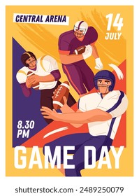 Design of Rugby match advertising poster. Template of promotion of sport competition, event. Professional American football players throw, catch ball, athletes play game. Flat vector illustration