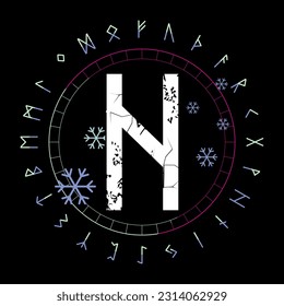 Design for a runic letter t-shirt called Hagalaz next to the symbol of ice.vector illustration of runic alphabet in circular design. 