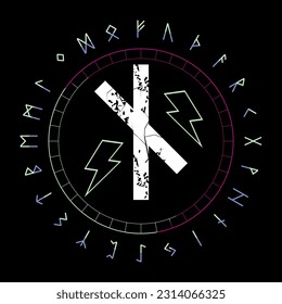 design for a runic letter t-shirt called Nauthiz next to the symbol of thunderbolt. vector illustration of runic alphabet in circular design. 