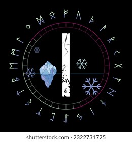 Design for a runic letter t-shirt called Isa next to an iceberg and the symbol of ice isolated on black. Runic alphabet in circular design.