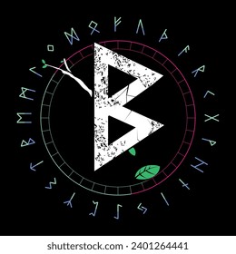 Design for a runic letter t-shirt called Berkano. Ancient alphabet in circular shape. Fertility symbol.