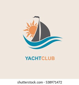 Design of sailboat and yacht icons on waves. Vector illustration