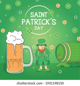 Design of Saint Patrick´s Day. Illustration with a elf, beer, and a green barrel.
